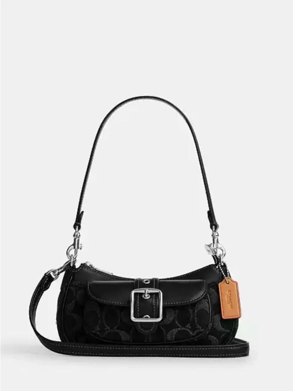 Coach Black Signature denim Shoulder Bag with Tan Leather Tag